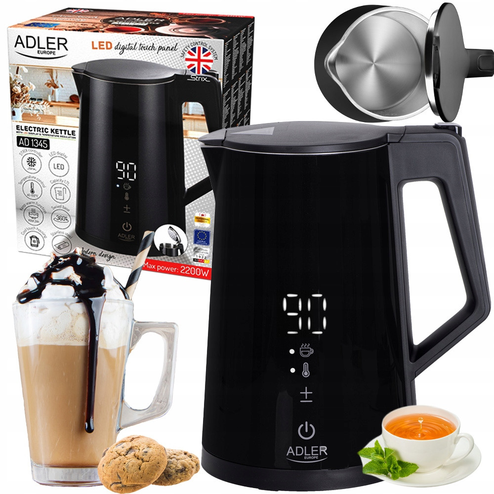 Електрочайник Adler AD 1345 Black — 1.7 л, 2200 Вт, LED-дисплей, регулювання температури, STRIX