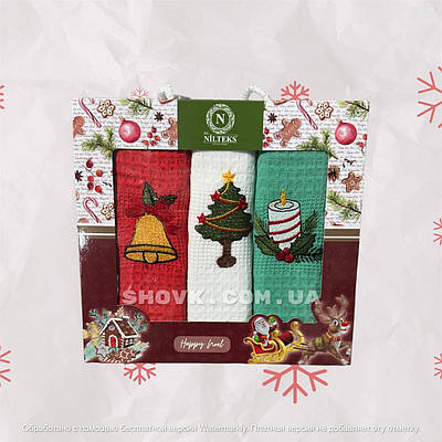 Новорічні Вафельні Кухонні Рушники Nilteks Happy v2 30х50см (3 шт)