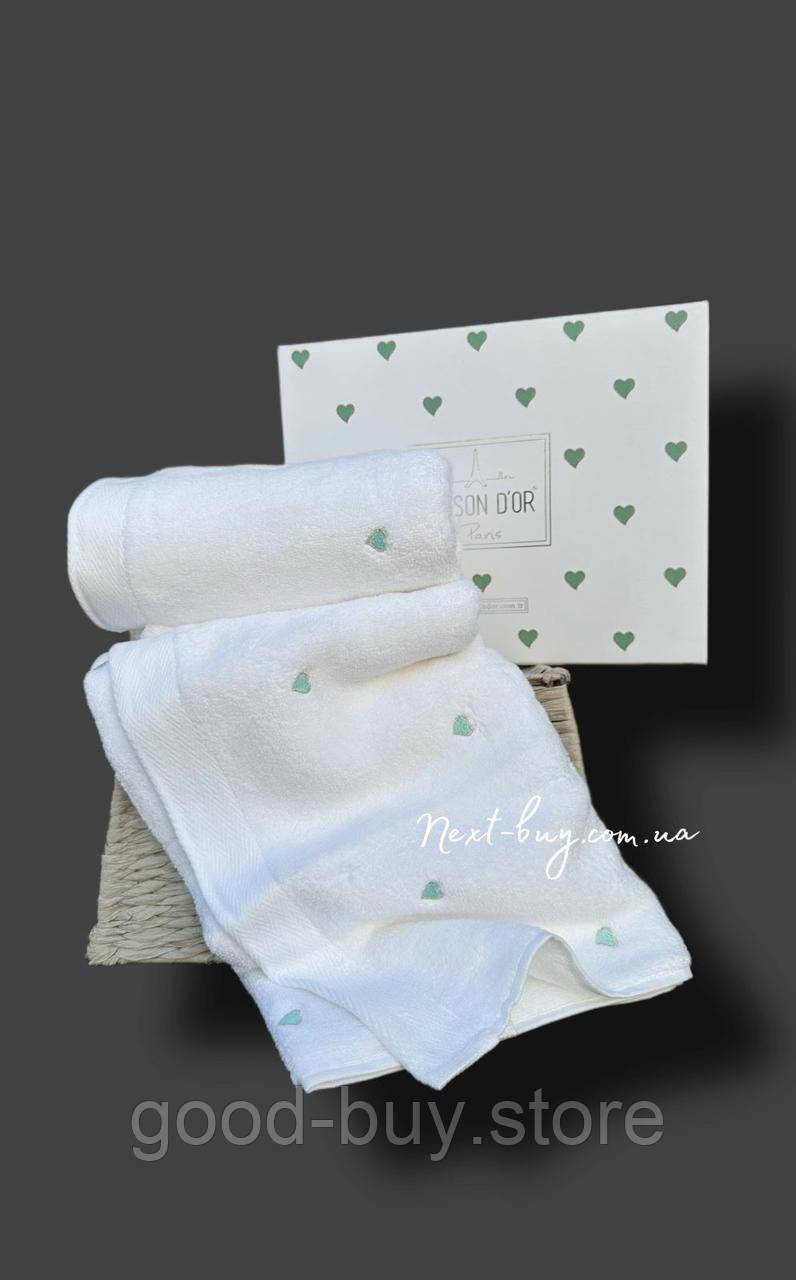 Набір махрових рушників Maison D&#039;or Soft Hearts white-turquoise 50х100см 2шт.