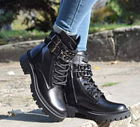 Кожаные женские ботинки Зима чёрно цвета