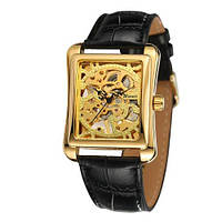 Мужские механические наручные часы скелетоны Forsining 8004 Gold кожаный ремешок