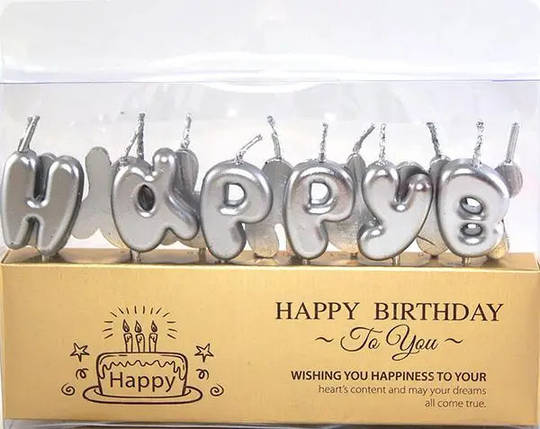 Набір свічок для торта BUBBLES букви Happy Birthday Срібло, фото 1