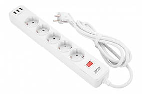 Мережевий фільтр 2E 5XSchuko із захистом від імпульсних стрибків напруги, 3G*1.5мм, 3*USB-A, 2м, white