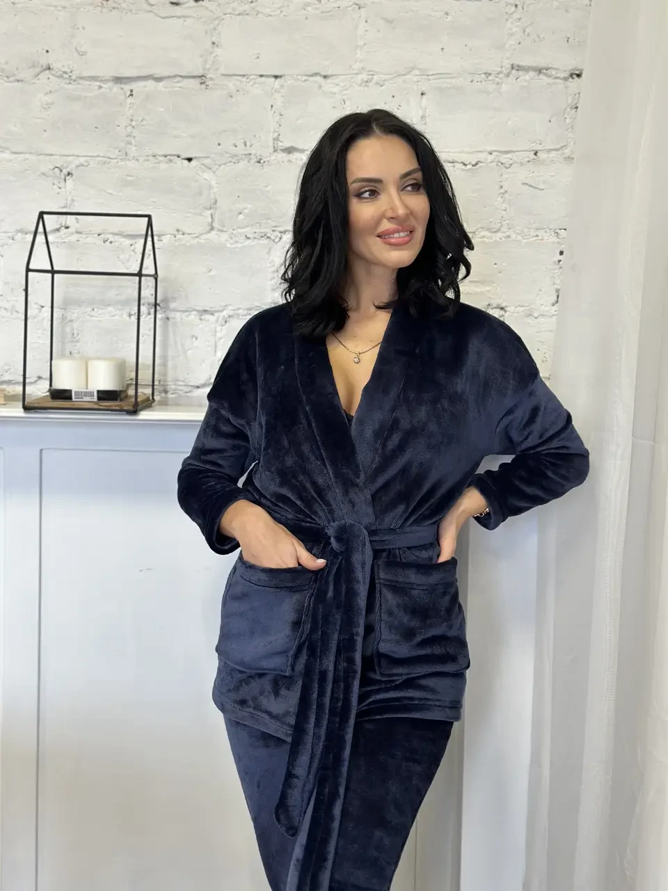 Жіночий темно-синій махровий теплий костюм халат з поясом та штани з кишенями, фото 1