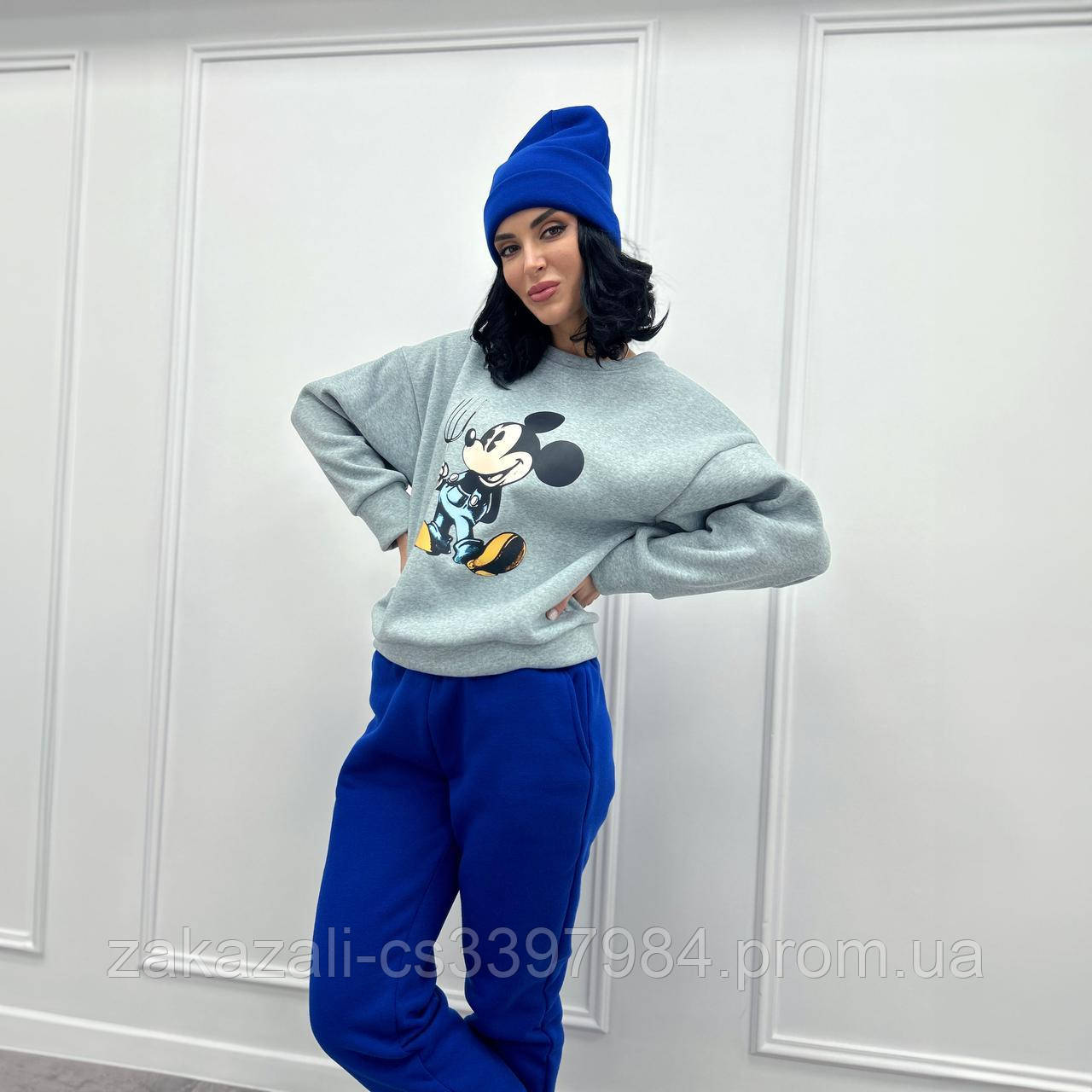 📌 Жіночий Теплий спортивний костюм на флісі, двокольоровий 50-52 р. | Кофта з принтом Міккі Маус + штани | Батал, фото 1