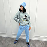 Жіночий спортивний костюм на флісі з шапкою, двоколірний | Кофта з принтом Міккі Маус + штани | Норма, фото 9