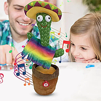 Танцующий кактус мексиканец, от USB / Интерактивная игрушка кактус поющий с подсветкой / Мягкая игрушка