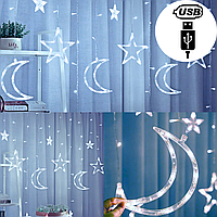 Гирлянда звезды и луна от USB 2.5 м ,новогодняя светодиодная гирлянда бахрома со звездами холодный белый