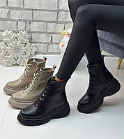 Женские зимние ботинки на массивной подошве из натуральной кожи на овчине черные бежевые