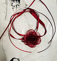 Чокер бордовый цветок с длинной лентой (0543)