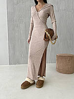 Платье женское миди, с капюшоном, ангора, с разрезом, в рубчик, однотонное, Бежевый, XS, S, M, L, XL, XXL