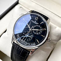 Механические часы Jaeger LeCoultre Master Geographic Silver Black мужские с автоподзаводом на кожаном ремешке