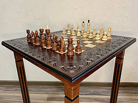 Шаховий набір: стіл зі знімною дошкою та класичні шахові фігури "Classic Deluxe" ручної роботи