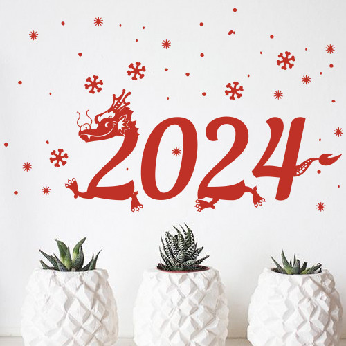 Новогодняя наклейка на окно 2024 Год дракона (цифры дракон снежинки) матовая дракон 600х265 мм - фото 1 - id-p2026614164