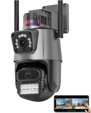 Вулична охоронна бездротова камера відеоспостереження з двома об'єктивами, сигналізація, обертання, ЗУМ