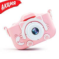 Детский фотоаппарат ET015 Cat цифровой с селфи камерой играми флешкой чехлом котик с ушками Розовый