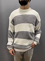 Мужской стильный удобный свитер в полоску бежевый с серым