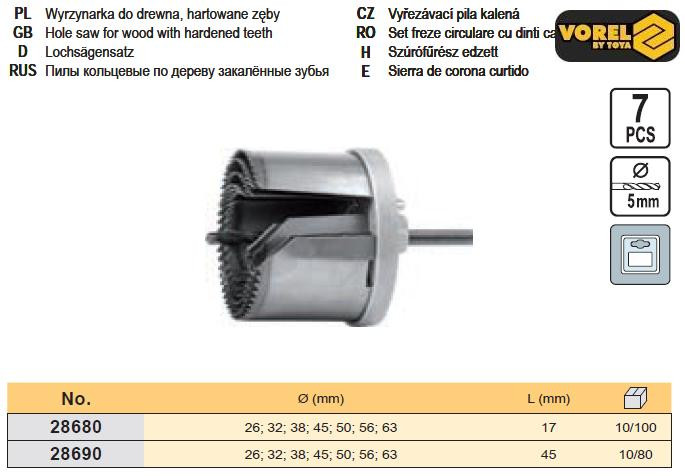 Набір кільцеві пили по дереву Ø=26 - 63 мм h=17 мм 7 шт VOREL-28680