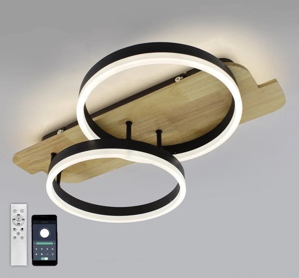 Керована світлодіодна люстра WOODY 80 W 2R-APP-600x420x135 BLACK/WOOD 220-IP20