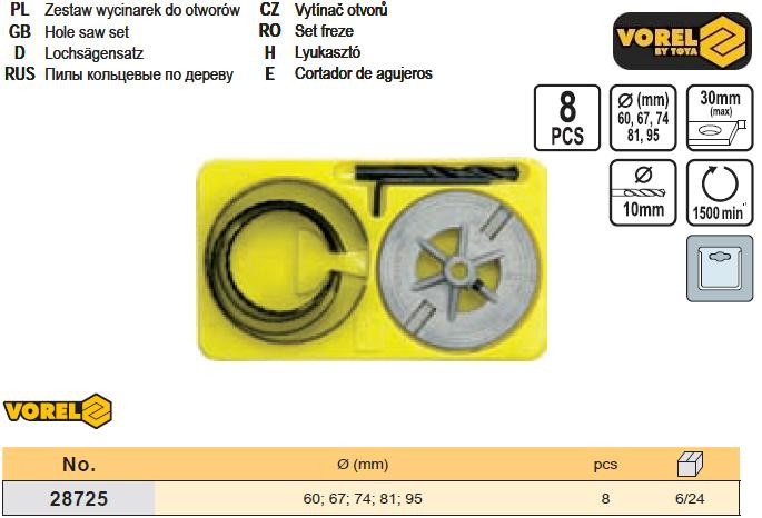 Набор пили цилиндр по дереву Ø=60 - 95 мм h=30 мм 8 шт VOREL-28725