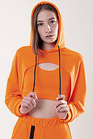 Женское худи оранжевое укороченое и топ оранжевый с эффектом рваной ткани Loop