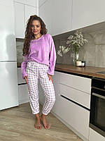 Женская теплая махровая пижама фиолетовая, штаны в клетку L