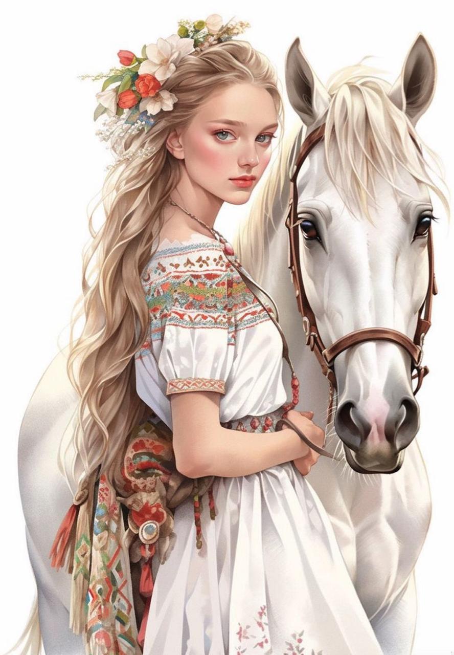 Набір для вишивання "Girl and white horse". AIDA 16CT, 31*44 см БЕЗ нанесення на канву схеми.