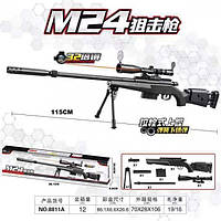 Детская снайперская винтовка на пульках M24 -- лазерный и оптический прицел, глушитель, на сошках