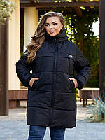 Тёплое зимнее женское пальто куртка с капюшоном чёрная 42-44 46-48 50-52 54-56