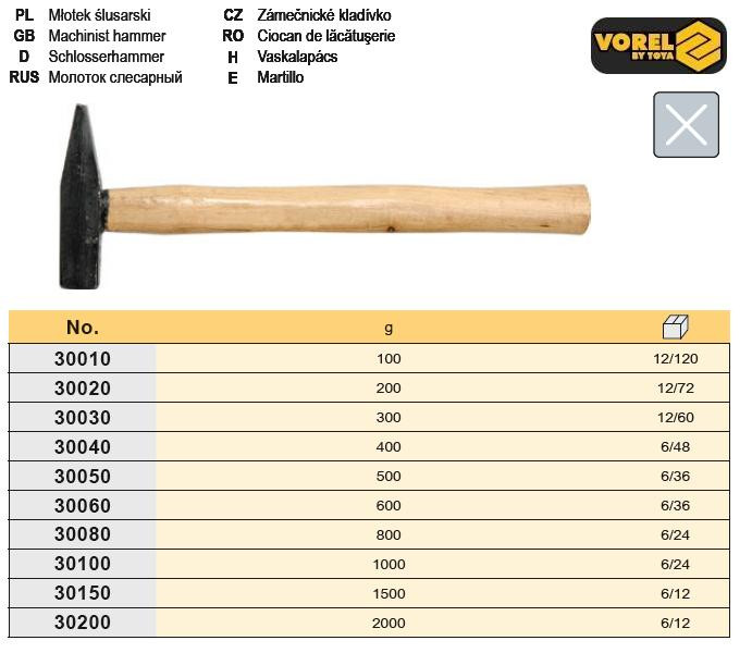 Молоток слюсарний ручка дерево 2,0 кг VOREL-30200