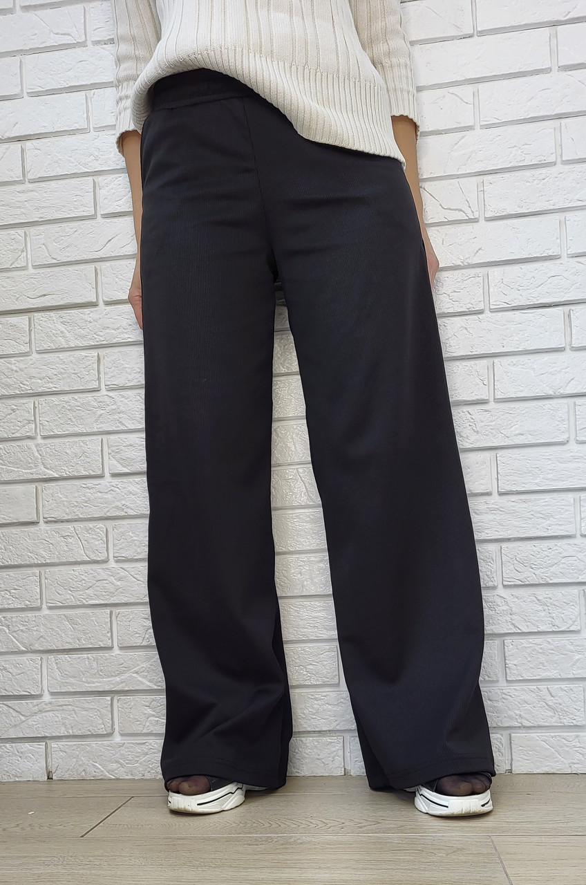 Теплі жіночі штани Палаццо якісний турецький рубчик на флісі. Чорні штани-палаццо