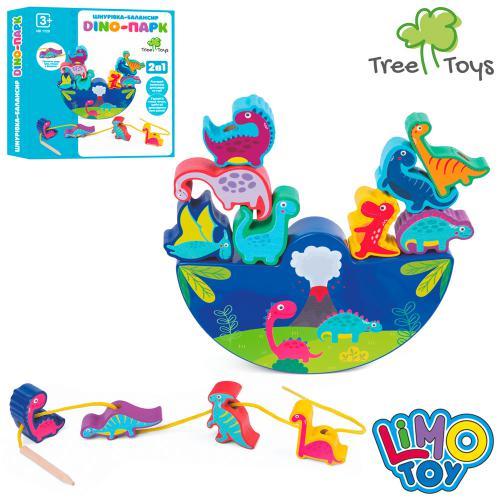 Дерев'яна іграшка Балансир динозаври 12 штук, шнурівка, коробка 23-23-3,5 см