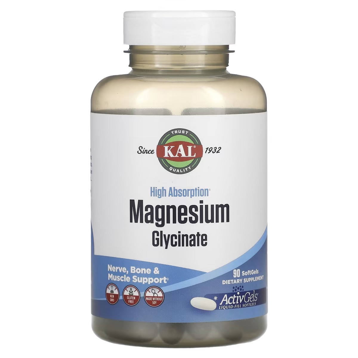 Магний Глицинат высокой усваиваемости, 315 мг, High Absorption Magnesium Glycinate, KAL, 90 желатиновых капсул - фото 1 - id-p2026890183