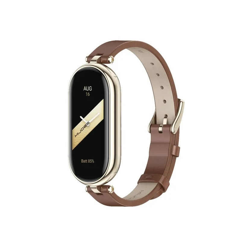 Шкіряний ремінець для фітнес браслета Xiaomi Mi Band 8,9,10 Type A коричневий, тримач - золотистий, фото 1