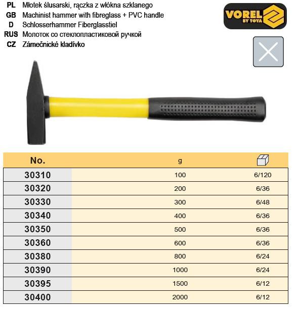 Молоток слюсарний ручка склопластик TUV/GS 600г VOREL-30360