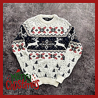 Качественные нарядные брендовые свитера из шерсти новогодние для семьи без горла БЕЛЫЙ и СИНИЙ Турция