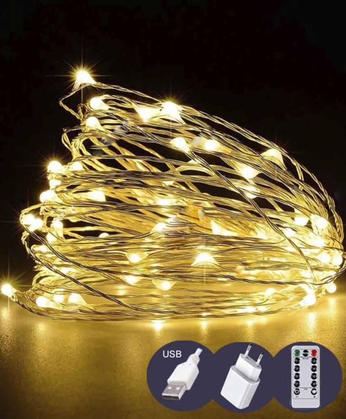 Гірлянда РОСА нитка 200LED, 220В, 20 метрів, 8 режимів + USB + Пульт, Теплий Білий колір