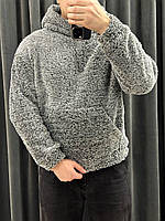 Мужское плюшевое худи оверсайз, утепленная толстовка зимняя с капюшоном, кофта Тедди серая с оттенком черного