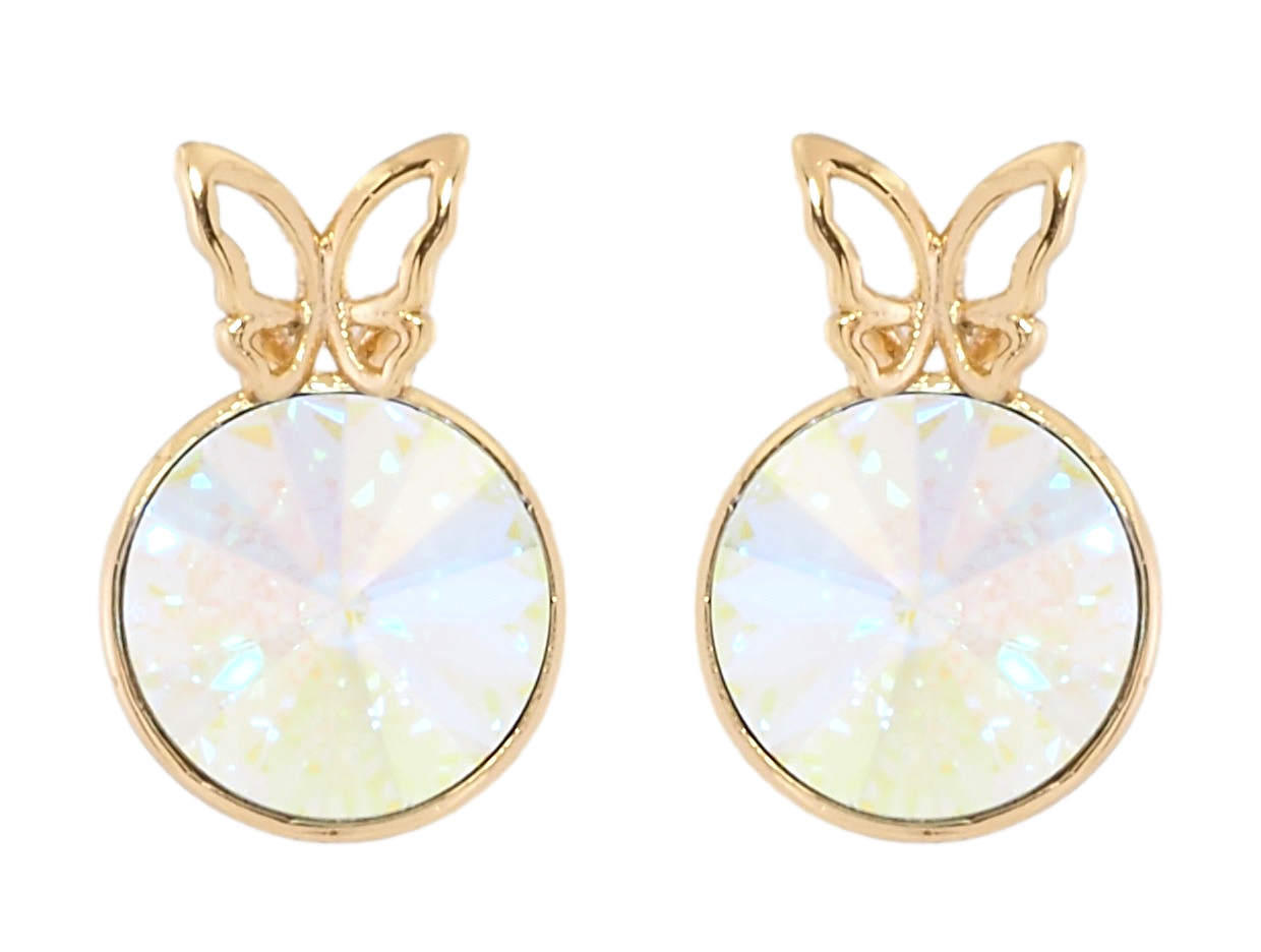 Сережки Xuping колір 18K з кристалами Swarovski пусети "Райдужний конусний кристал в оправі з метеликом" ø 9мм, фото 1
