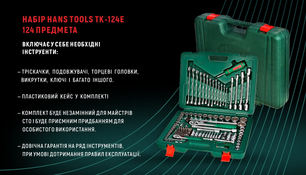 Набір інструментів 124 пр. 1/4", 1/2" HANS (TK-124E) - фото 3 - id-p1879724586