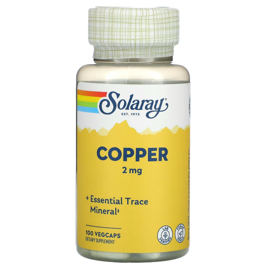 Solaray, мідь, 2 мг, 100 капсул, фото 1