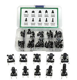 Набір кнопок, 100 шт, 10 видів по 10 штук, Тактильні кнопкові перемикачі, 10 видів по 10 штук