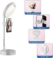 Портативное LED Кольцо Селфи и Зеркало для Макияжа: 3 Режима Цвета, 10 Уровней Яркости, Регулируемая Высота