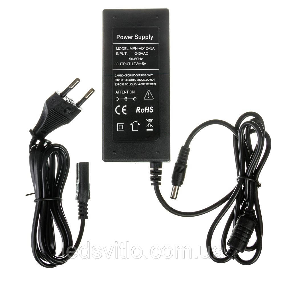 Блок живлення 12V 5A 60W Пластик IP20, драйвер, адаптер, трансформатор для світлодіодної LED стрічки