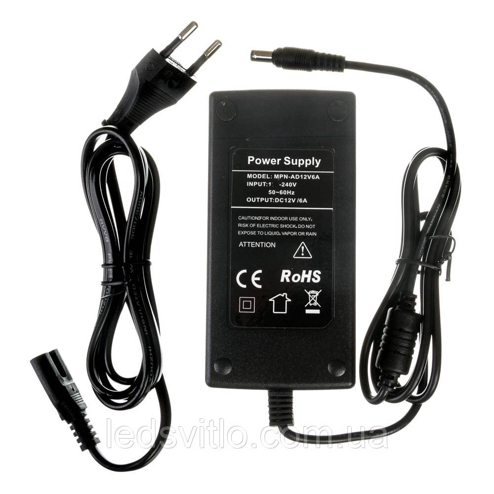 Блок живлення 12V 6A 72W Пластик IP20, драйвер, адаптер, трансформатор для світлодіодної LED стрічки