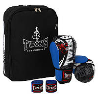 Перчатки для бокса с бинтами в комплекте Twins Special 9943 12 унций Black-Blue