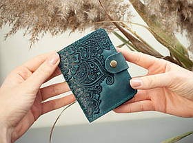 Візитниця шкіряна жіноча темно-бірюзова з тисненням Квітучий Сад | Шкіряний картхолдер
