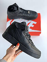 Мужские зимние кроссовки Nike Air Force Winter Mid Black (Черные) Найк Аир Форс высокие кожаные с мехом зимние