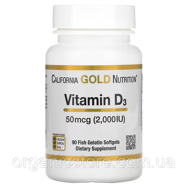 Вітамін D3, California Gold Nutrition, 50 мкг 2000 МО, 90 рибно-желатинових капсул