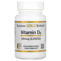 Вітамін D3, California Gold Nutrition, 50 мкг 2000 МО, 90 рибно-желатинових капсул